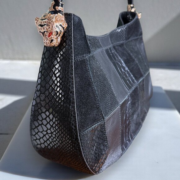 Sharif Suede & Leather Python Embossed Patchwork Gold Tiger Head Shoulder Bag - Picture 2 of 16